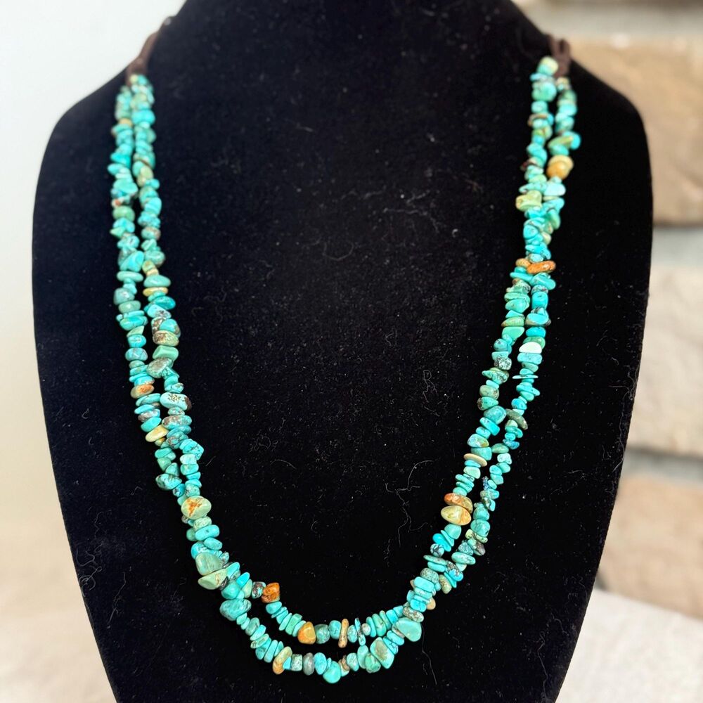 Vintage Turquoise Leather Nugget Adjustable Southwestern Boho Layering Necklace